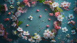 Fototapeta Kwiaty - delicate blue background of sakura flowers, a variety of weaving branches and delicate flowers of Japanese cherry. Generative AI.