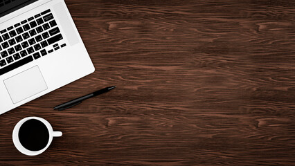 Poster - office table and computer concept, background top view with office supplies, wooden table with offise supplies and notes, place for text and design.
