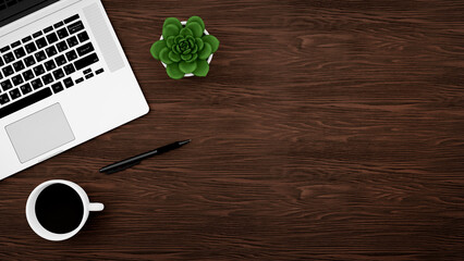 Poster - office table and computer concept, background top view with office supplies, wooden table with offise supplies and notes, place for text and design.