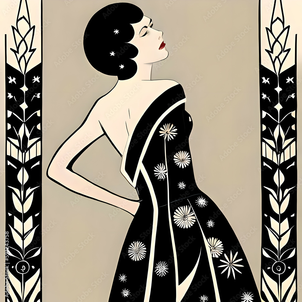 Fashion illustration of a art deco woman with flowes generative ai ...