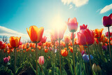 Fototapeta Tulipany - Lots of tulips in the sun, colorful, and light-filled. Generative AI.