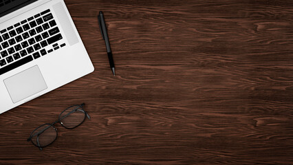 Poster - office table and computer concept, background top view with office supplies, wooden table with offise supplies and notes, place for text and design.