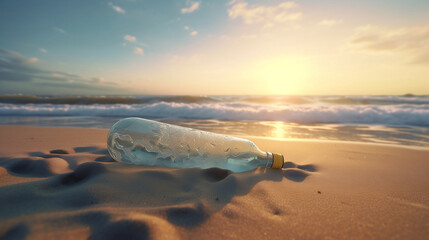 one plastic bottle on the beach with waves in the background. Generative Ai