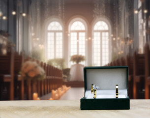 golden wedding rings with blurred traditional wedding chapel or church on background, wedding ceremony concept