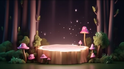 Wall Mural - 3D display podium. Enchanted forest 3D background, tree trunk podium surrounded by glowing fireflies. Magical setting for cosmetic product presentation. Generative ai.