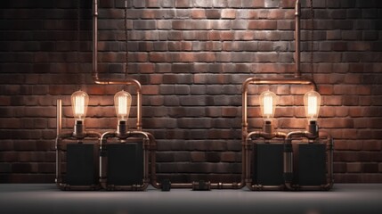 Wall Mural - 3D display podium. Industrial loft 3D background, brick wall podium display with metal pipes and Edison bulbs. Urban setting for cosmetic product presentation. Generative ai.