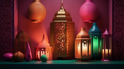 Wall Mural - 3D display podium. Moroccan bazaar 3D background, lantern - lit podium display with rich textures, patterns, and colors. Exotic setting for cosmetic product presentation.  Generative ai.