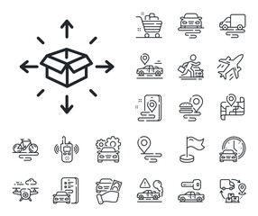 Poster - Logistics service sign. Plane, supply chain and place location outline icons. Parcel delivery line icon. Tracking symbol. Parcel delivery line sign. Taxi transport, rent a bike icon. Vector