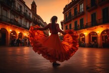Flamenco Dancer Performing Passionately In City Square At Sunset, Traditional Spanish Dance, Vibrant Colors, Generative Ai