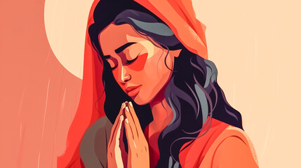 Wall Mural - A young woman prays with her hands clasped, generative AI.