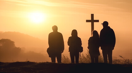 Wall Mural - Silhouettes of people at the cross at sunset, generative AI.