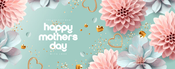 happy mother's day! vector tender modern 3d illustrations of flower, floral pattern, golden elements