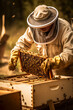 The beekeeper is dressed in a protective suit, hat, and gloves, carefully examining the hive and ensuring the bees are healthy and productive, ai generative