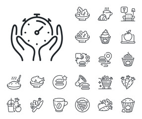 Poster - Time management sign. Crepe, sweet popcorn and salad outline icons. Timer line icon. Stopwatch symbol. Timer line sign. Pasta spaghetti, fresh juice icon. Supply chain. Vector