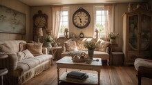 A Charming French Country Living Room With Distressed Wood And Ticking Textures, Featuring A Floral Print Sofa And A Wicker Coffee Table, And A Vintage Clock On The Wall, Generative Ai