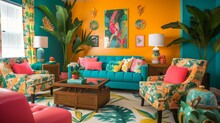 A Bright And Cheerful Tropical Living Room With A Mix Of Vibrant Tropical Prints And Bold Colors, Generative Ai