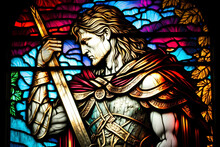 Colorful Stained Glass Window Of A Warrior In A Church. Ai Generated