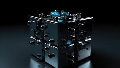 Poster - Cube patterns, black background, abstract background, shiny metal, matte metal, red and blue metal background, Generative Ai