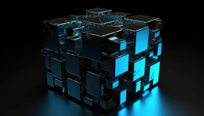 Poster - Cube patterns, black background, abstract background, shiny metal, matte metal, red and blue metal background, Generative Ai