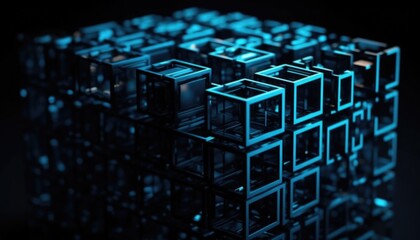Poster - Cube patterns, black background, abstract background, shiny metal, matte metal, red and blue metal background, Generative Ai