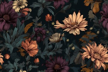 Wall Mural - Summer beautiful fantasy vintage wallpaper all tropical botanical flowers bunch,vintage motif for floral print digital background.generative ai.