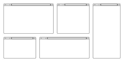 Blank web browser, internet page window with toolbar and search field. Modern website in flat style, line art. Browser mockup for computer, tablet and smartphone. Vector illustration