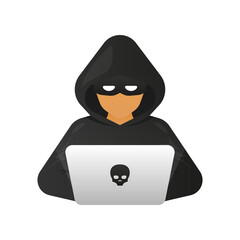Poster - Hacker, Cyber criminal with laptop stealing user personal data. Hacker attack and web security. Internet phishing. Cyber security concept. Vector illustration.