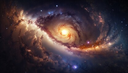 Poster - Galaxy and stars in far space view of the vast universe with sparkling nebulae and galaxies. Generative AI
