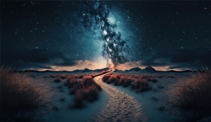 Poster - Milky Way and stars in a blue night sky on a dark background. With noise and texture, the universe is full with stars, nebula, and galaxies. Generative ai