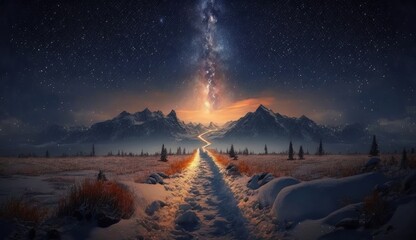 Poster - Milky Way and stars in a blue night sky on a dark background. With noise and texture, the universe is full with stars, nebula, and galaxies. Generative ai