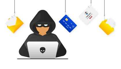 Poster - Hacker, Cyber criminal with laptop stealing user personal data. Hacker attack and web security. Internet phishing. Cyber security concept. Vector illustration.