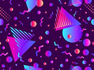 Wall Mural - Memphis seamless pattern with geometric gradient shapes. Colorful geometric pattern in 80s style. Design for banners, promotional products and posters. Vector illustration