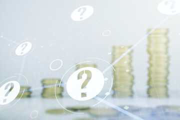 Aufkleber - Abstract virtual question mark illustration on stacks of coins background. FAQ and search concept. Multiexposure