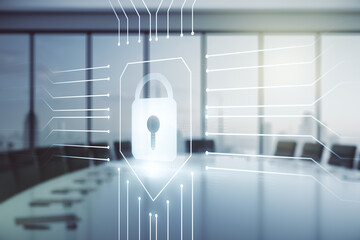 Aufkleber - Virtual creative lock sketch with chip hologram on a modern boardroom background, protection of personal data concept. Multiexposure