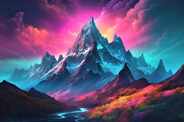 Wall Mural - bright and colourful sunset in mountains. Generative AI image.