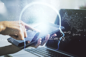 Poster - Creative artificial Intelligence concept with human head sketch and finger presses on a digital tablet on background. Double exposure