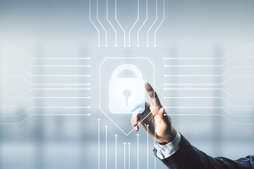 Poster - Double exposure of male hand presses on virtual creative lock hologram with chip on blurred office background. Information security concept