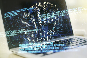 Poster - Double exposure of creative code skull hologram on laptop background. Malware and cyber crime concept