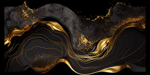 opalescent black marble and gold paint on the background Generative AI