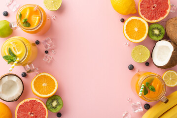 Wall Mural - Get ready to beat the heat with this top view flat lay of citrus juices and cocktails featuring oranges, lemons, limes, and grapefruits, on a stylish pink background with blank space for advert