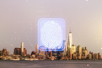 Aufkleber - Multi exposure of virtual abstract fingerprint illustration on New York city skyline background, digital access concept