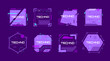 Glitch tech banners, technology abstract corrupted frames in cyberpunk style. Vector sci-fi text boxes with glitched effect in purple colors. Futuristic hi-tech badges for digital products promotion