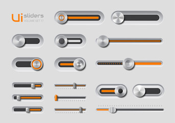 Ui slider bar buttons with adjustable knobs for controlling audio and video. Vector intuitive design elements for easy adjustments of volume and timeline, for multimedia content or software interfaces