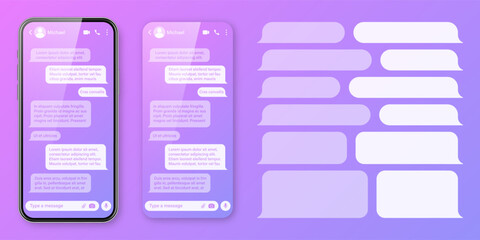 Realistic smartphone with messaging app on colorful violet background. Blank SMS text frame. Chat screen with transparent message bubbles. Social media application. Vector illustration