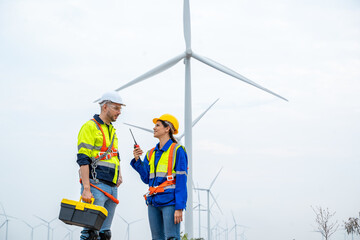Poster - Power engineer are working with wind turbines,Green ecological power energy generation wind sustainable energy concept.