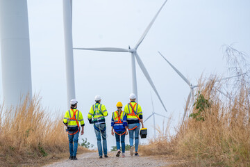 Poster - Technician engineers inspection work in wind turbine power generator station,Wind turbine operations that transform wind energy into electrical electricity.
