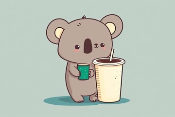 Canvas Print - cute Koala bear holding a cup of coffee. Generative AI