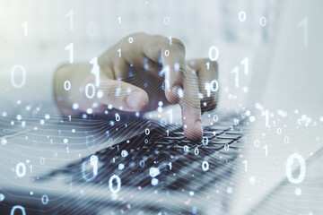 Aufkleber - Creative concept of binary code illustration and hands typing on laptop on background. Big data and coding concept. Multiexposure