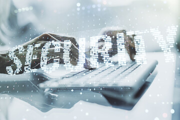 Poster - Cyber security creative concept with hands typing on computer keyboard on background. Double exposure