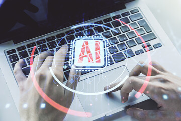 Poster - Double exposure of creative artificial Intelligence abbreviation with hand typing on computer keyboard on background. Future technology and AI concept